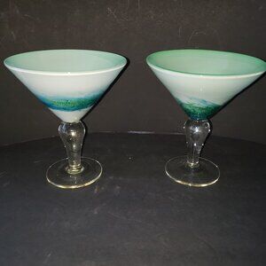 Vintage Handblown Martini / Margarita Art Glasses Green / Blue Excellent Con.